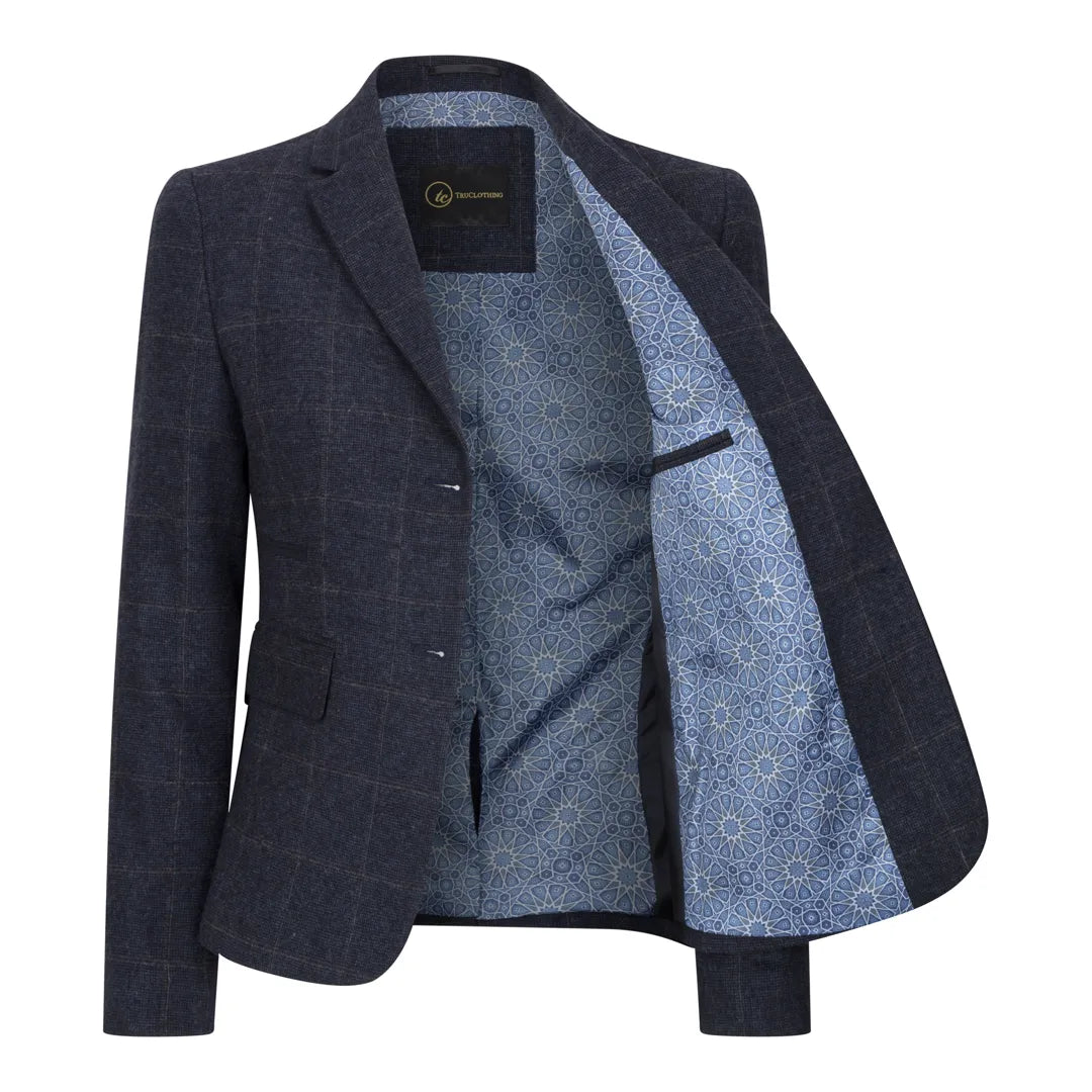 Women's Navy Blue Tweed Check Blazer & Waistcoat Set by TruClothing