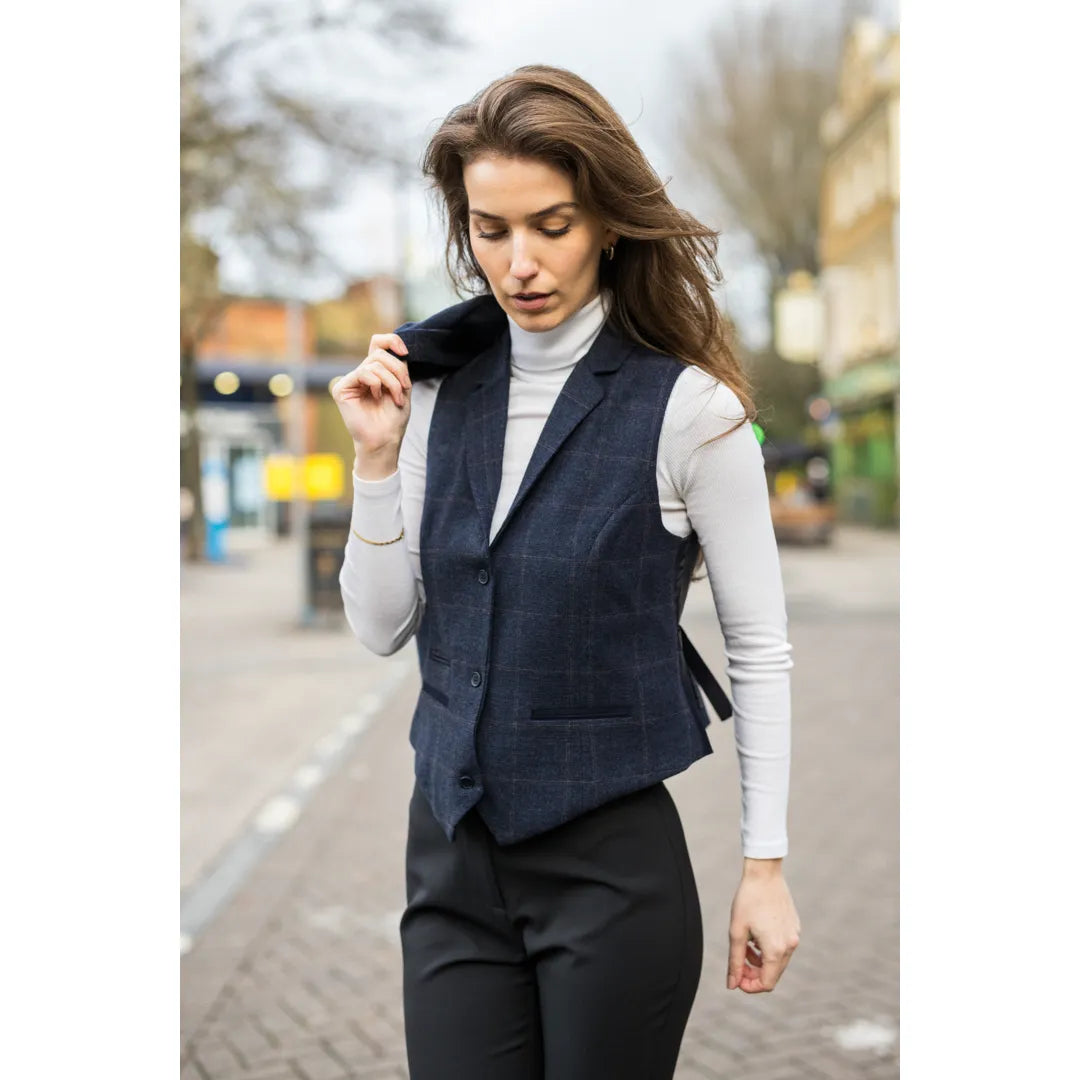 Women's Navy Blue Tweed Check Blazer & Waistcoat Set by TruClothing