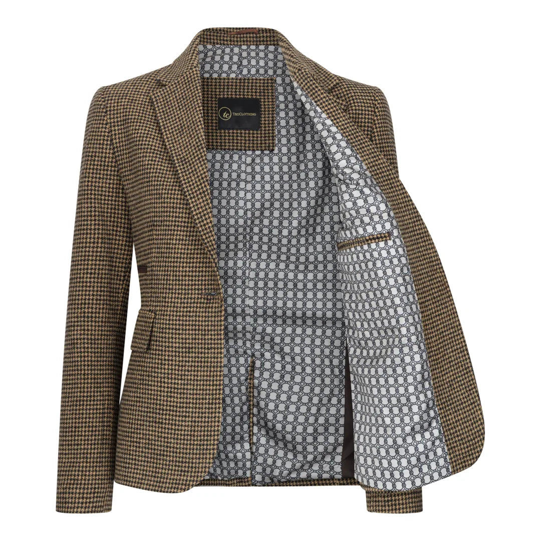 Women's Wool Blend Brown Dogtooth Tweed Blazer by TruClothing