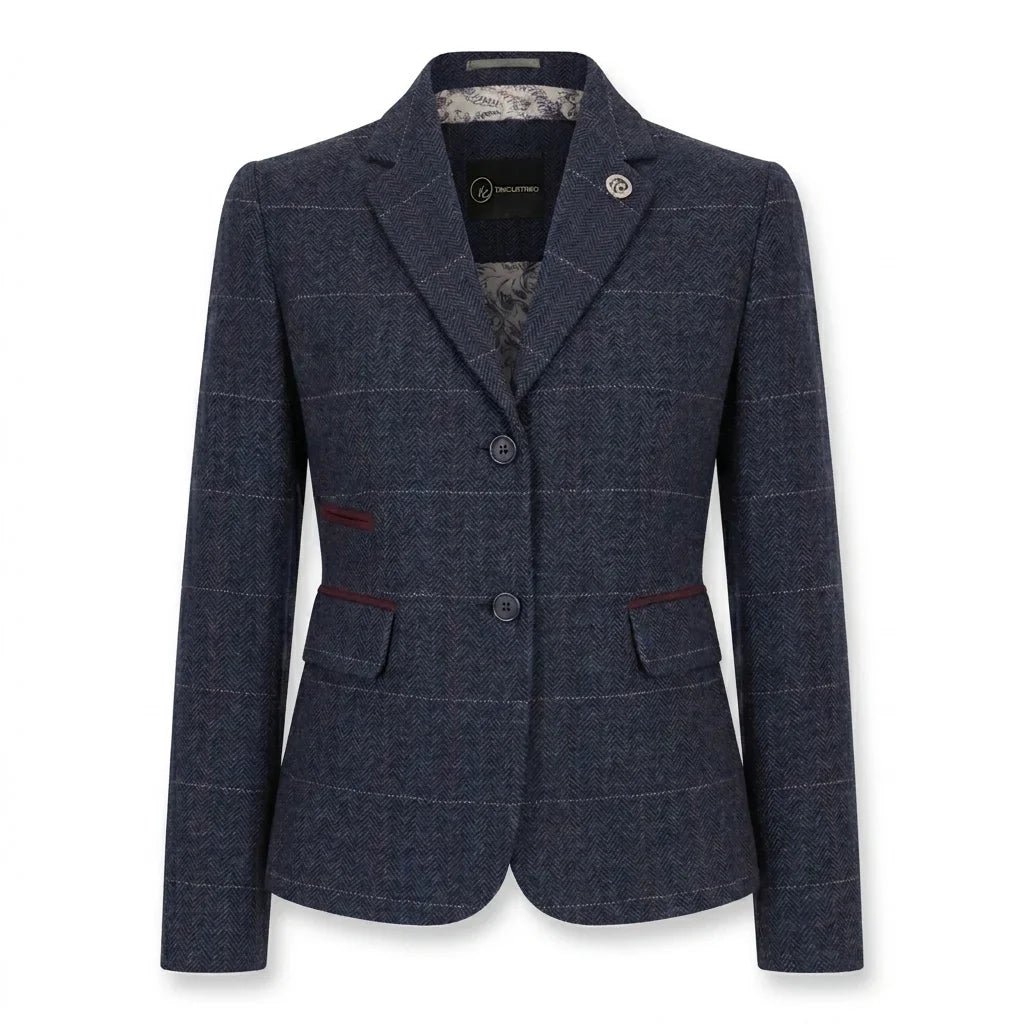 Women's Navy Wool Blend Tweed Blazer & Waistcoat Set by TruClothing