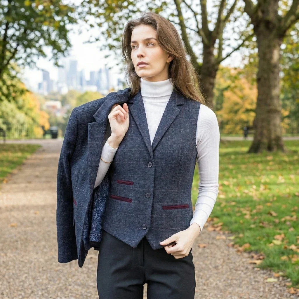 Women's Navy Wool Blend Tweed Blazer & Waistcoat Set by TruClothing