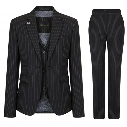 Women's 3 Piece Black Pinstripe Tailored Suit by TruClothing