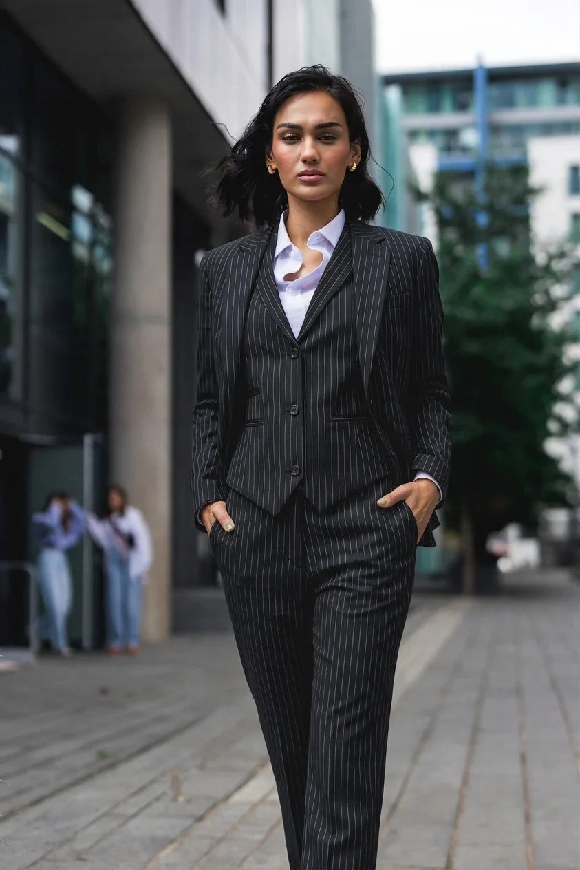 Women's 3 Piece Black Pinstripe Tailored Suit by TruClothing