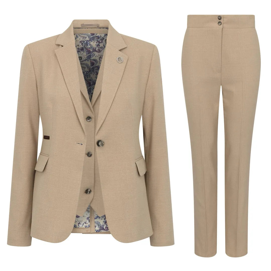 Women's Cream 3 Piece Prince of Wales Check Suit by TruClothing