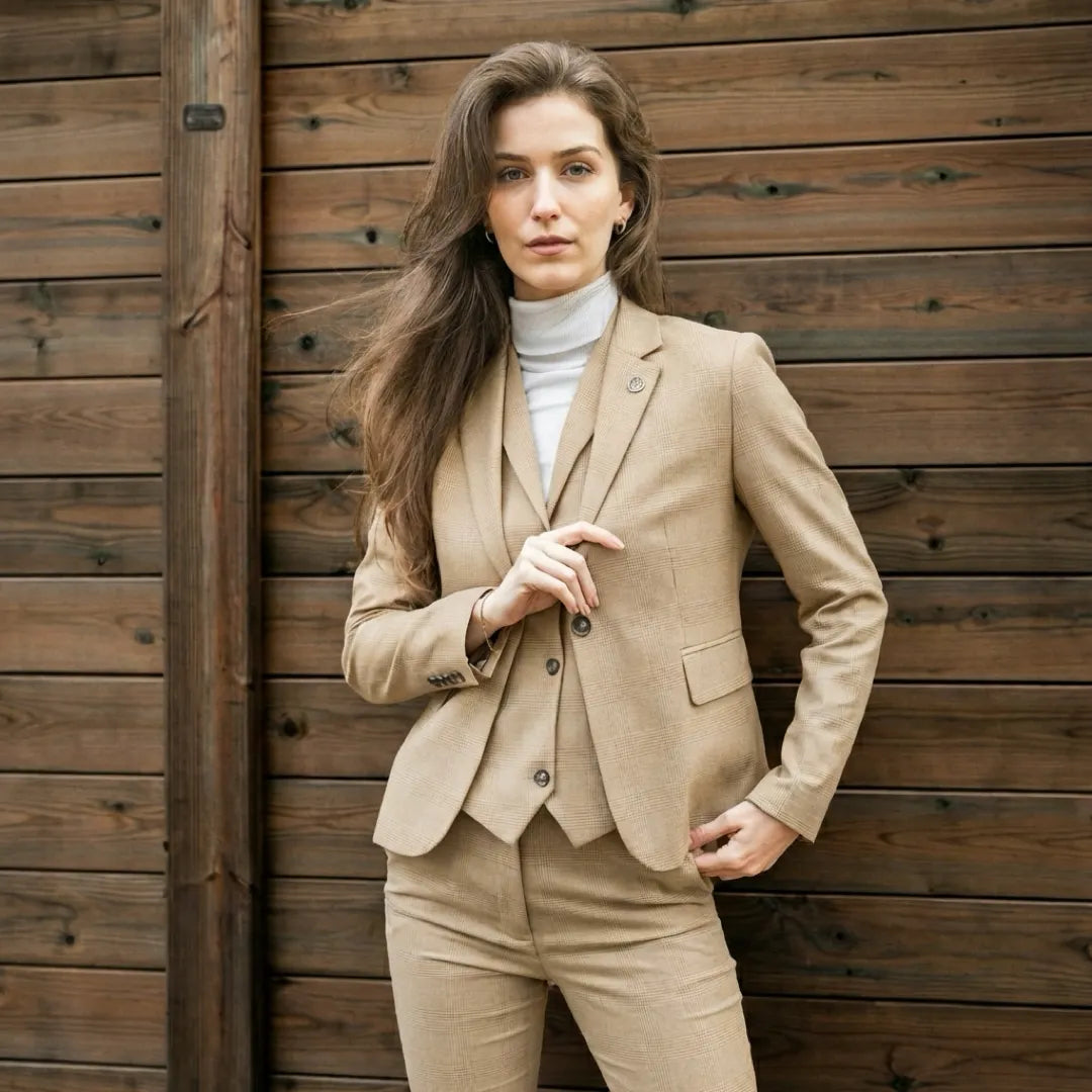 Women's Cream 3 Piece Prince of Wales Check Suit by TruClothing