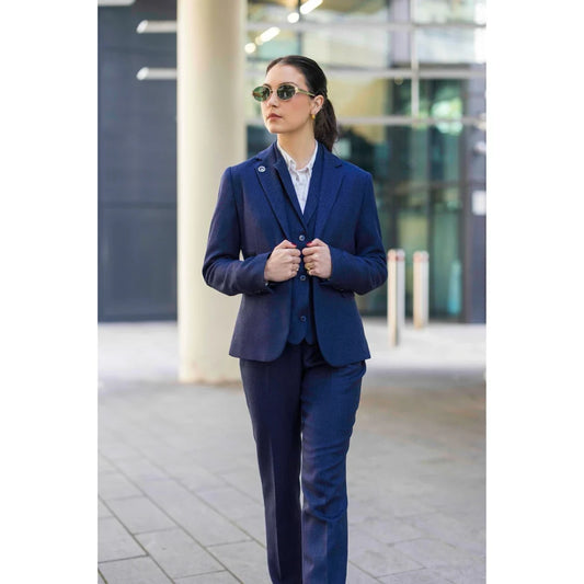 Women's Navy 3 Piece Herringbone Tweed Suit