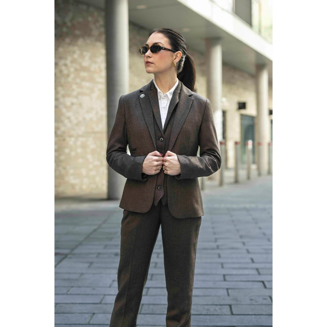 Women's Brown 3 Piece Herringbone Tweed Suit