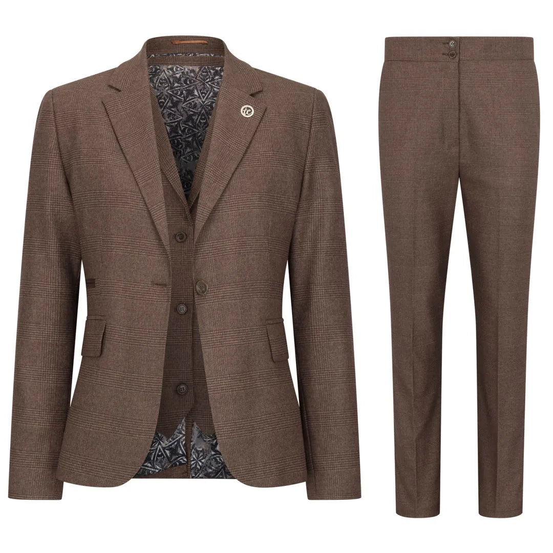 Women's Brown 3 Piece Prince of Wales Check Suit