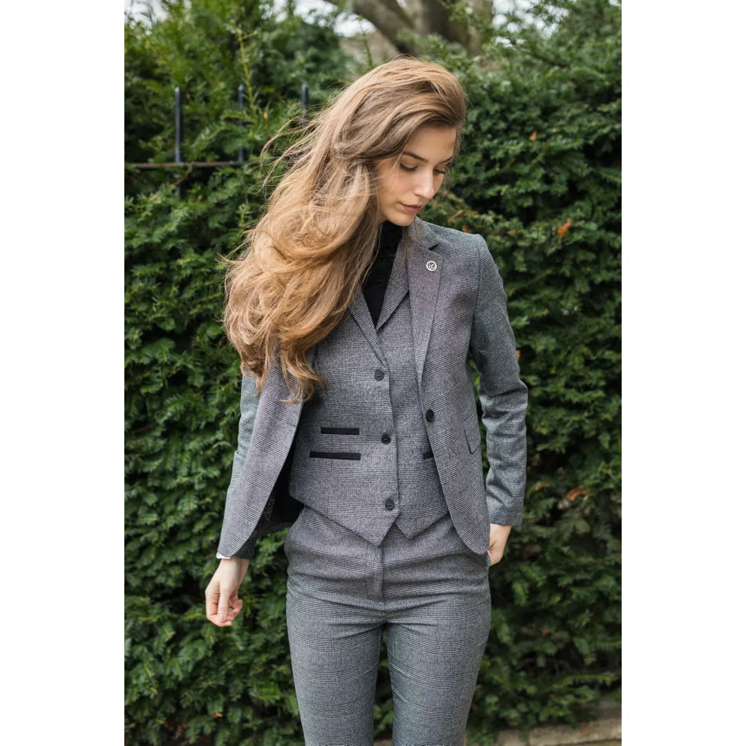 Women's Grey 3 Piece Prince of Wales Check Suit