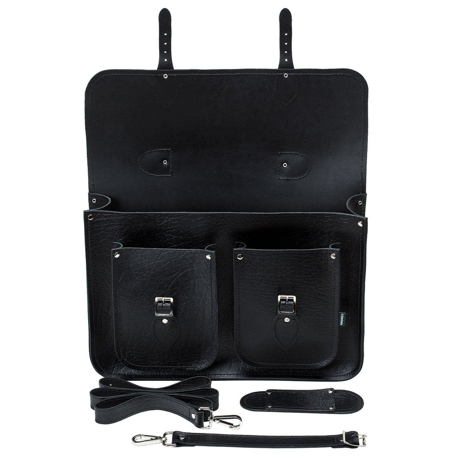 Twin Pocket Executive Handmade Leather Satchel - Black - Bascora