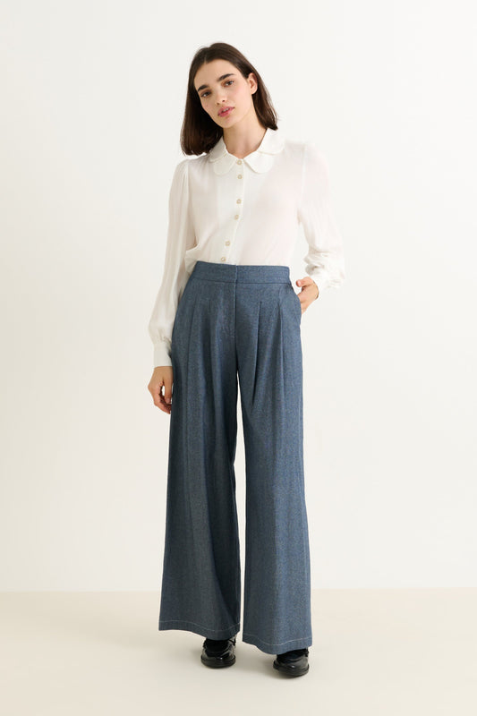 Tyler Chambray Wide Leg Trouser – Dark Grey - Bascora