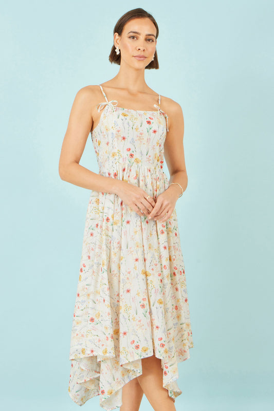 White Botanical Embroidery Fabric Handkerchief Hem Dress - Bascora