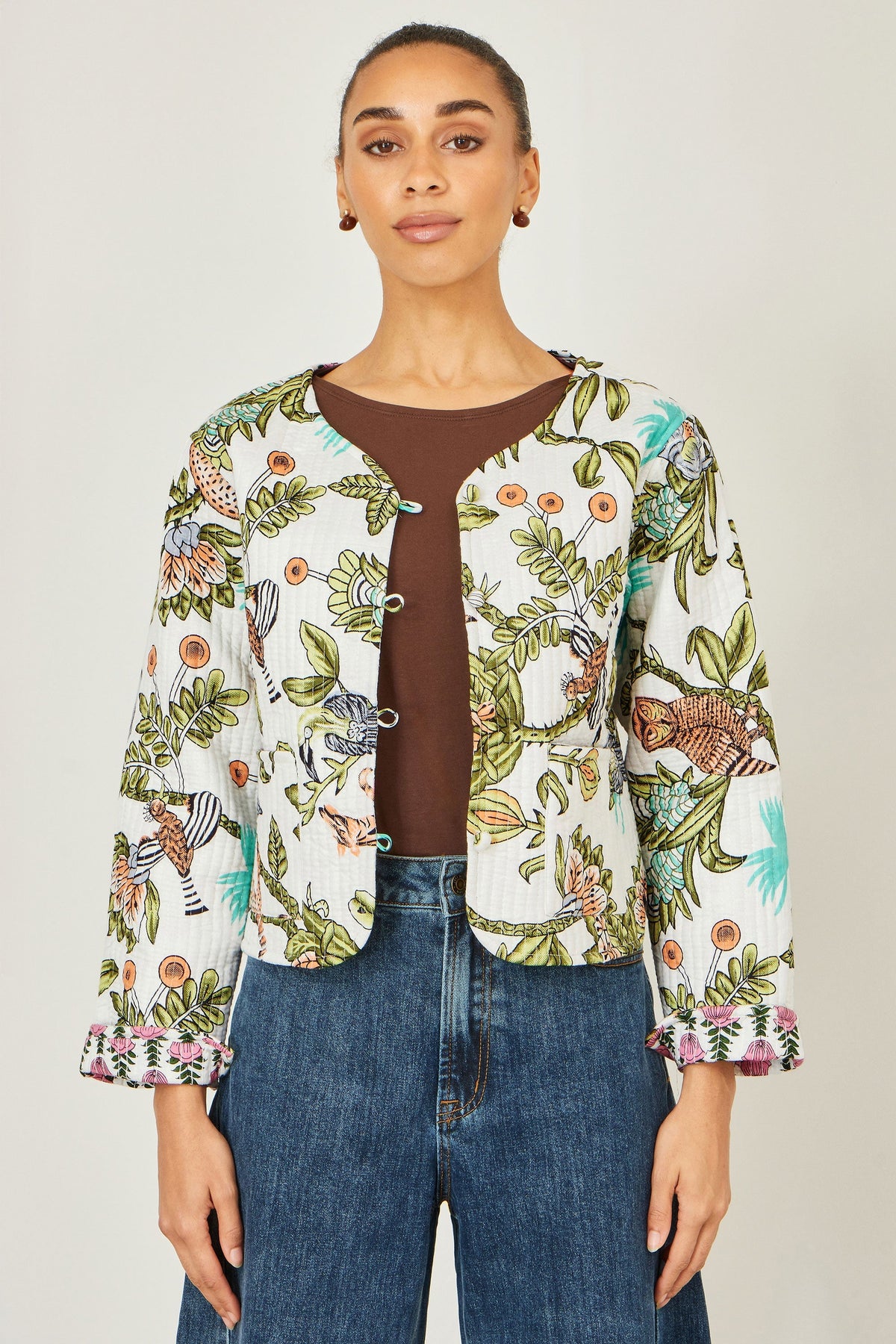 White Botanical Print Reversible Cotton Quilted Jacket