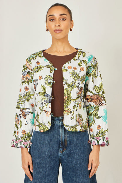 White Botanical Print Reversible Cotton Quilted Jacket