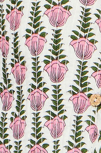 White Botanical Print Reversible Cotton Quilted Jacket close up