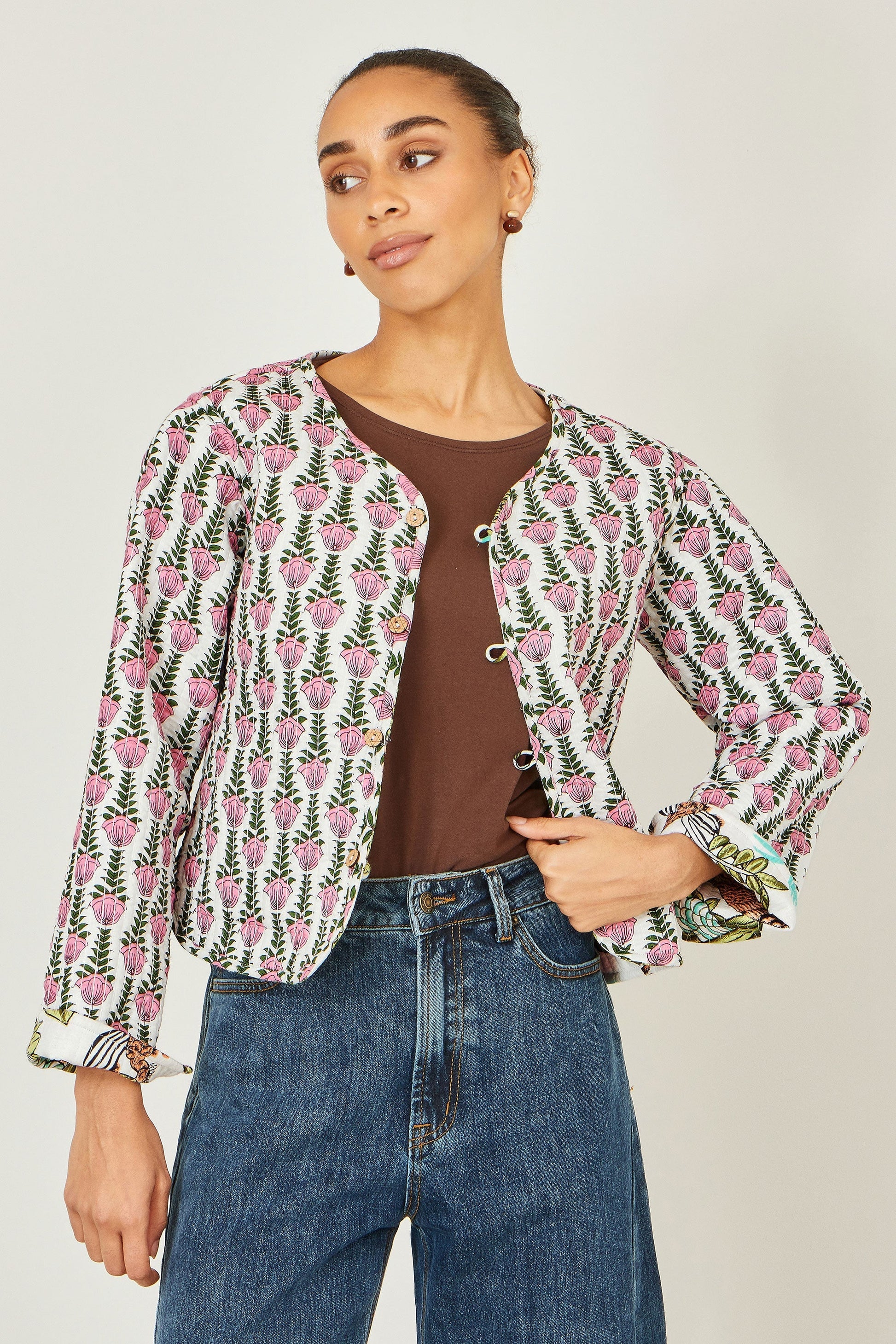 White Botanical Print Reversible Cotton Quilted Jacket