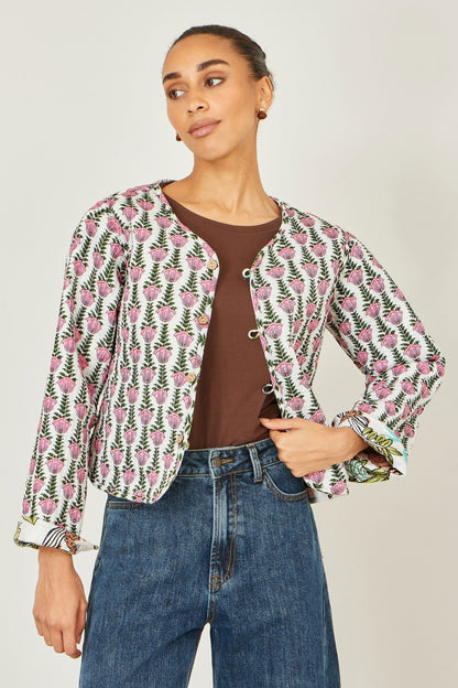 White Botanical Print Reversible Cotton Quilted Jacket