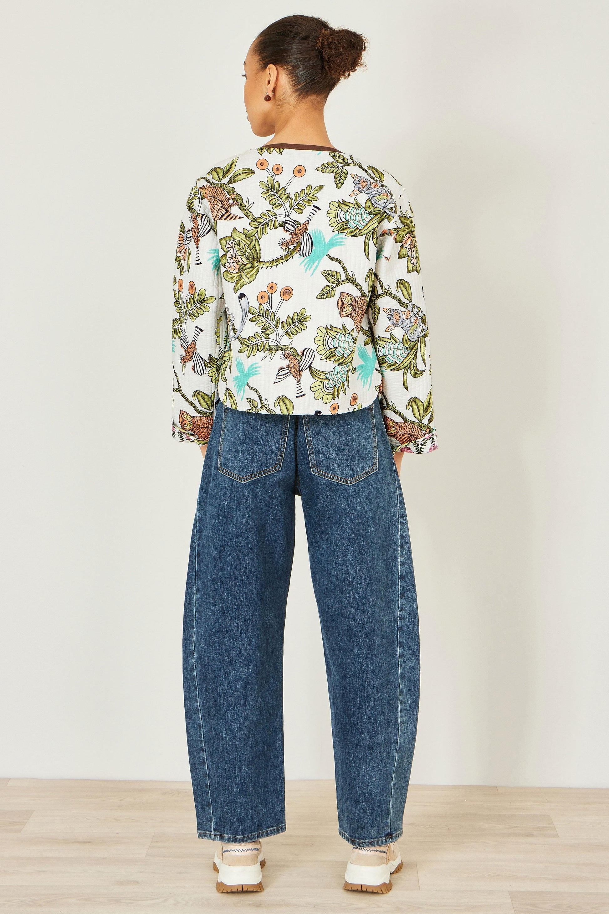 White Botanical Print Reversible Cotton Quilted Jacket