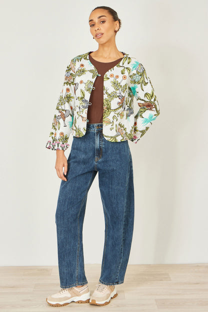 White Botanical Print Reversible Cotton Quilted Jacket