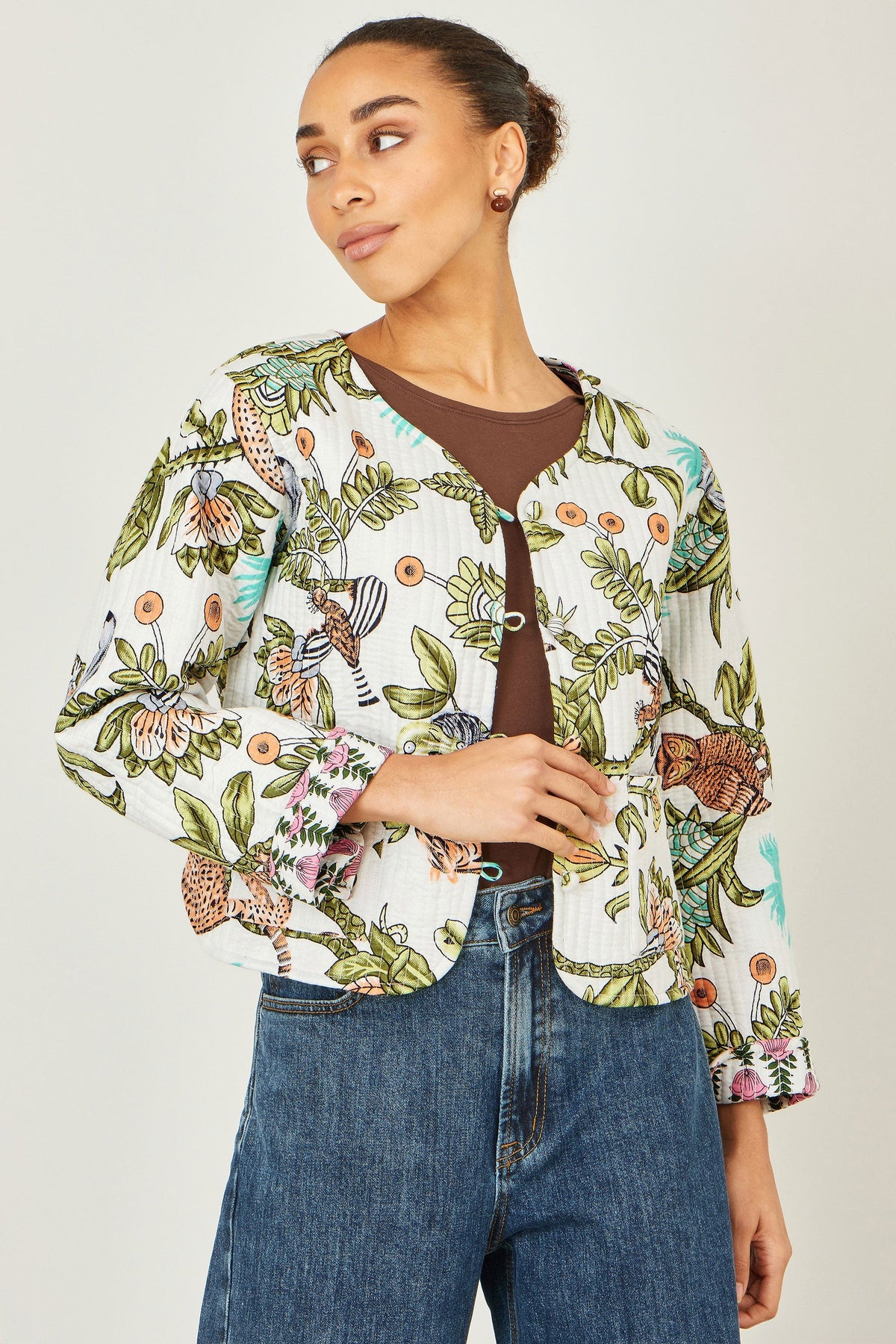 White Botanical Print Reversible Cotton Quilted Jacket