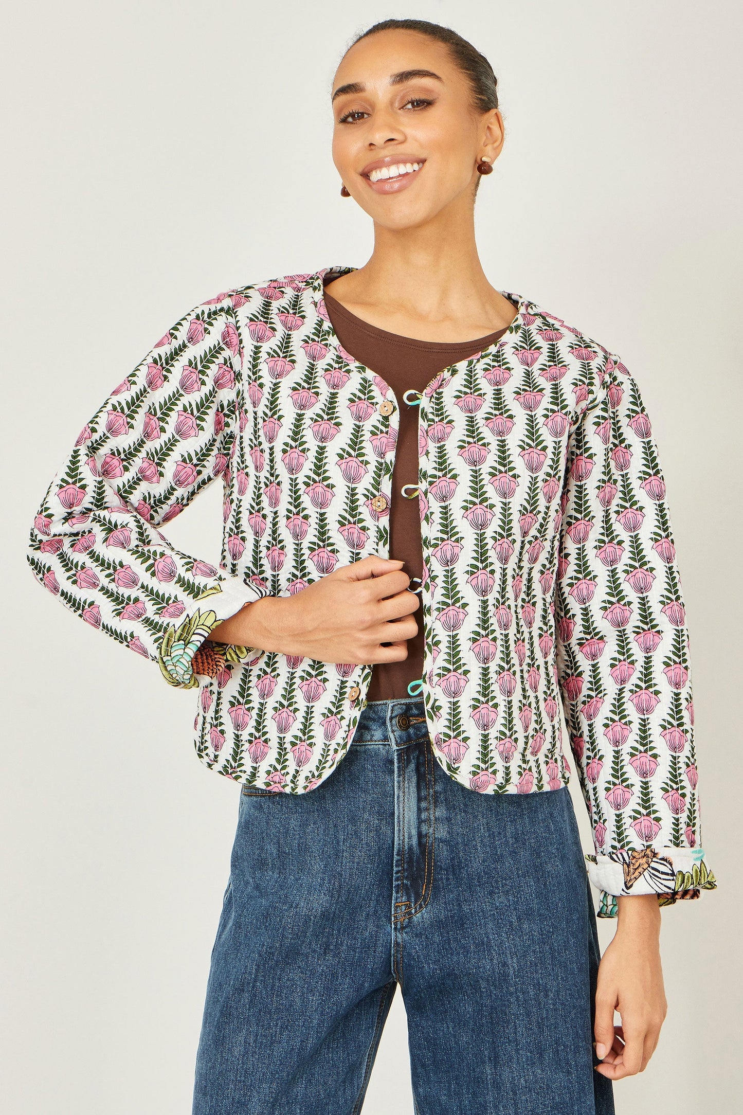 White Botanical Print Reversible Cotton Quilted Jacket