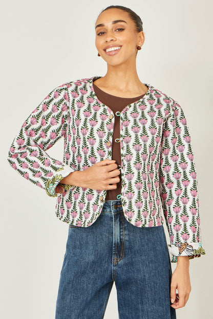 White Botanical Print Reversible Cotton Quilted Jacket
