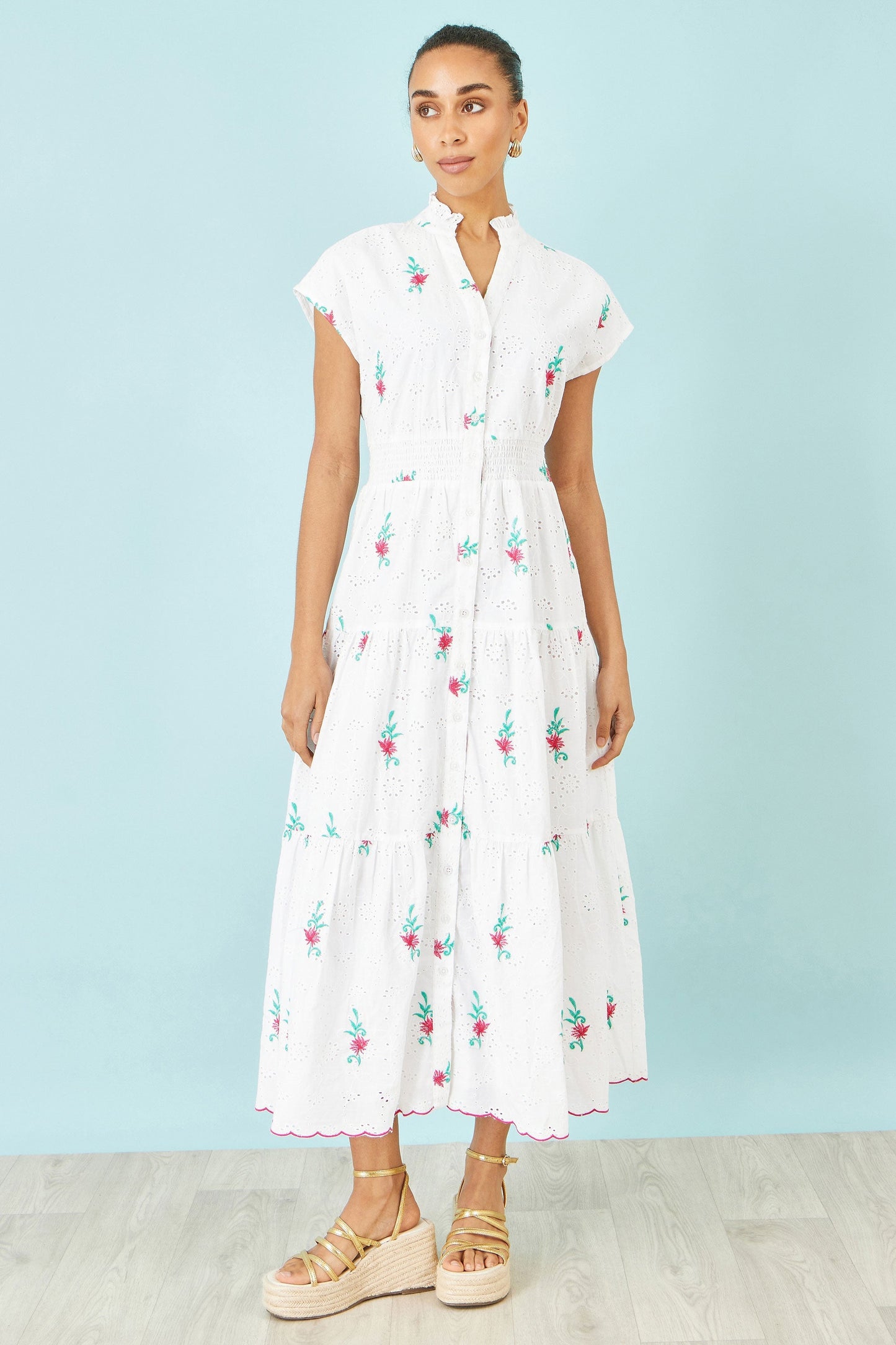 White Cotton Broderie Anglaise Embroidered Midi Dress - Bascora