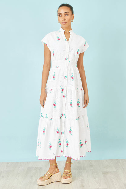White Cotton Broderie Anglaise Embroidered Midi Dress - Bascora