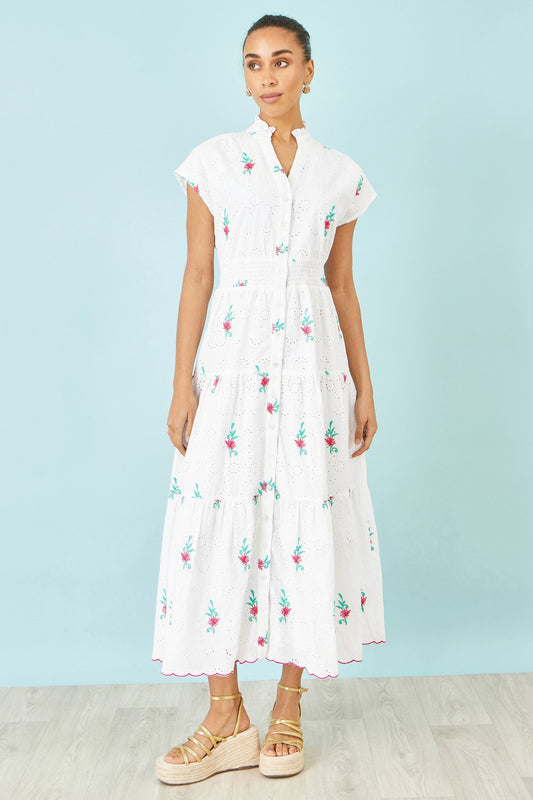 White Cotton Broderie Anglaise Embroidered Midi Dress - Bascora
