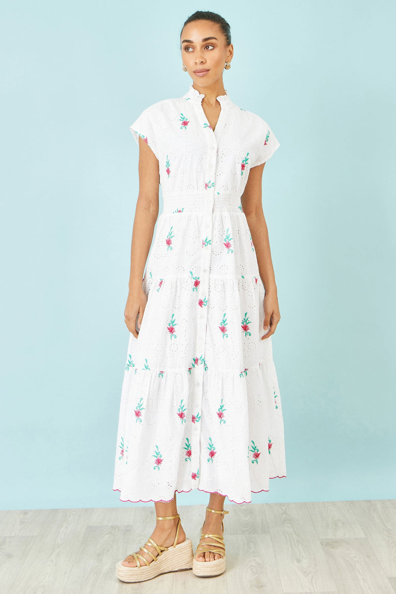 White Cotton Broderie Anglaise Embroidered Midi Dress - Bascora