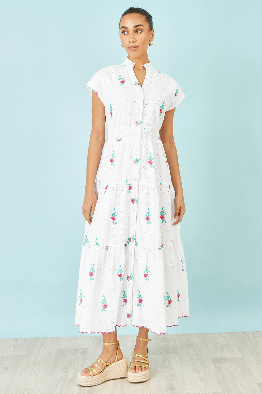 White Cotton Broderie Anglaise Embroidered Midi Dress - Bascora