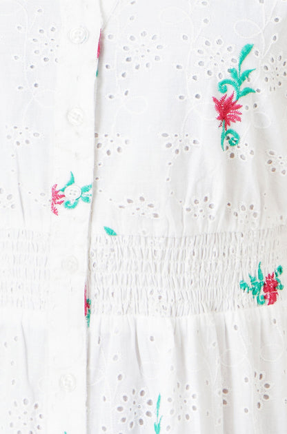 White Cotton Broderie Anglaise Embroidered Midi Dress - Bascora