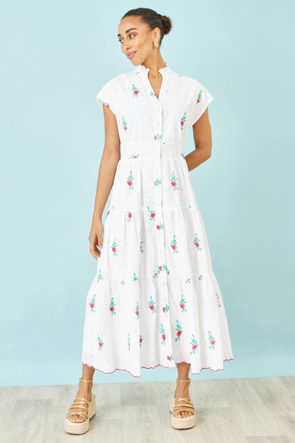 White Cotton Broderie Anglaise Embroidered Midi Dress - Bascora