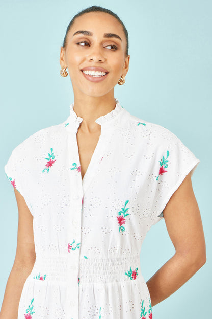 White Cotton Broderie Anglaise Embroidered Midi Dress - Bascora