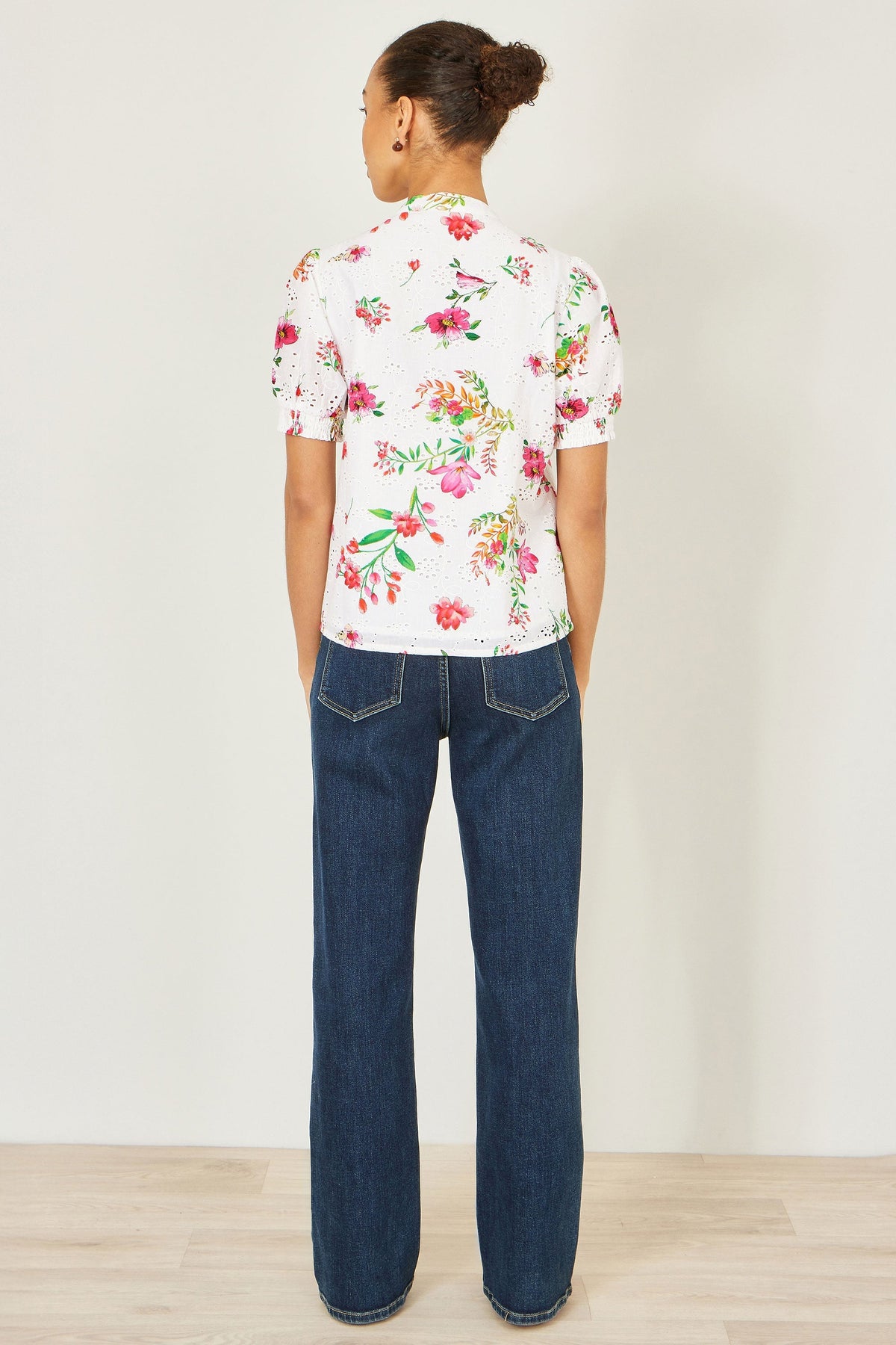 White Cotton Broderie Anglaise Floral Shirt - Bascora