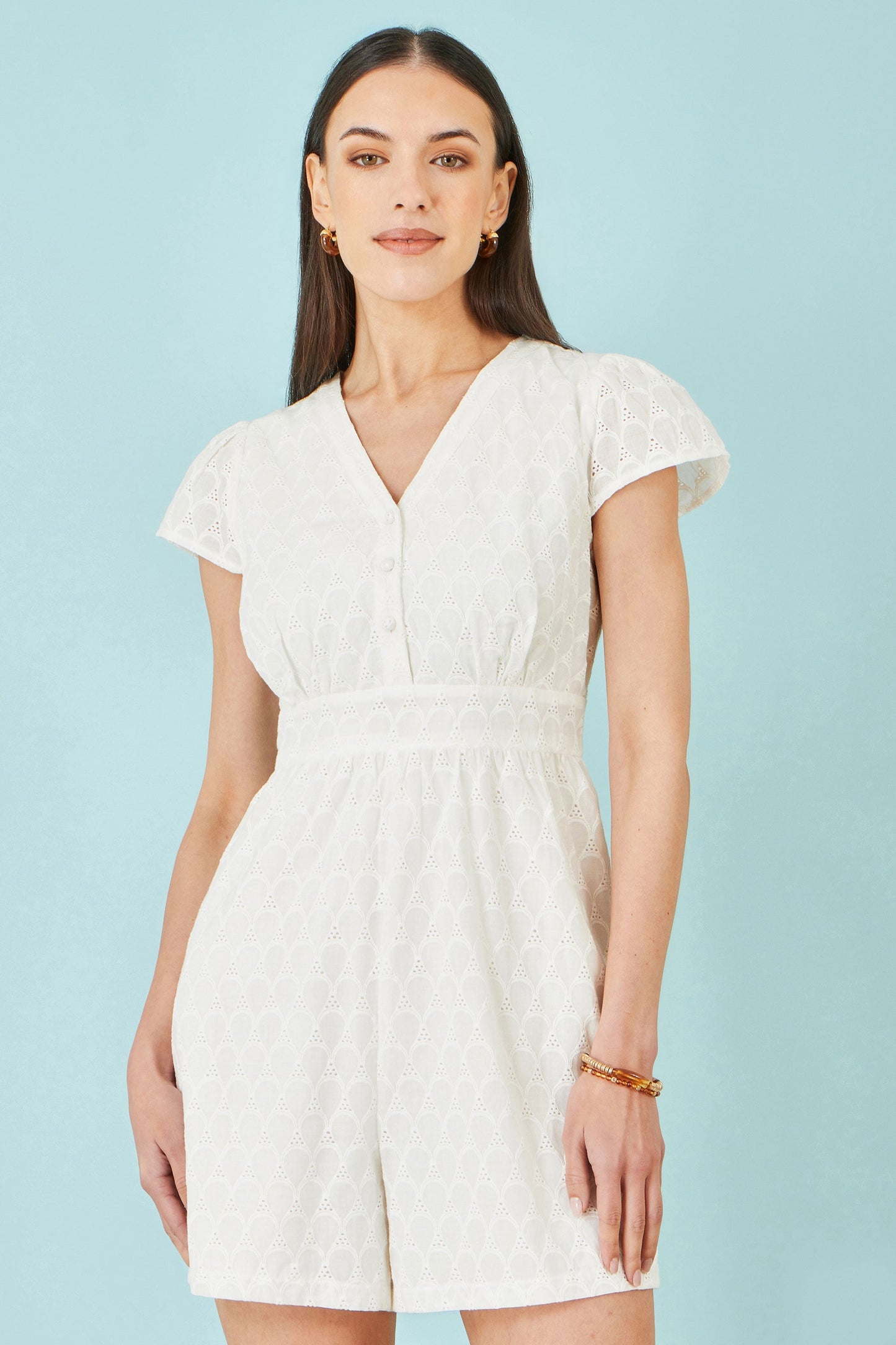White Cotton Broderie Anglaise Playsuit - Bascora