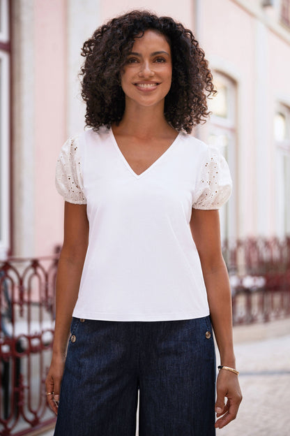White Cotton Jersey T-Shirt With Lace Sleeves - Bascora