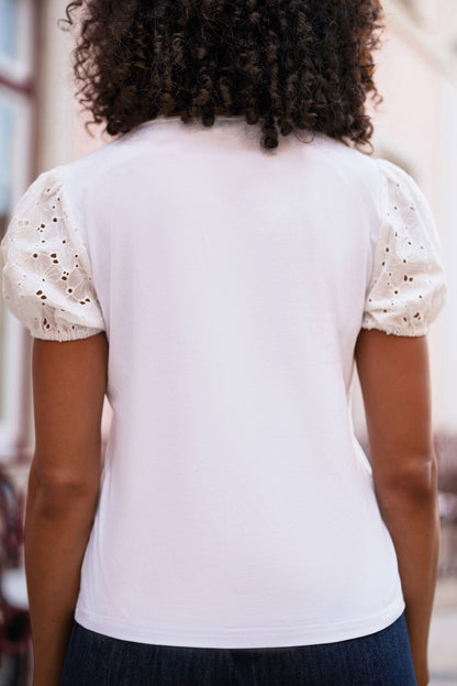 White Cotton Jersey T-Shirt With Lace Sleeves - Bascora