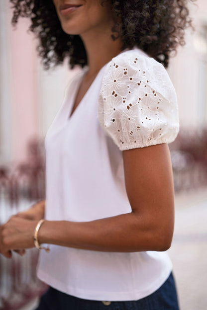 White Cotton Jersey T-Shirt With Lace Sleeves - Bascora