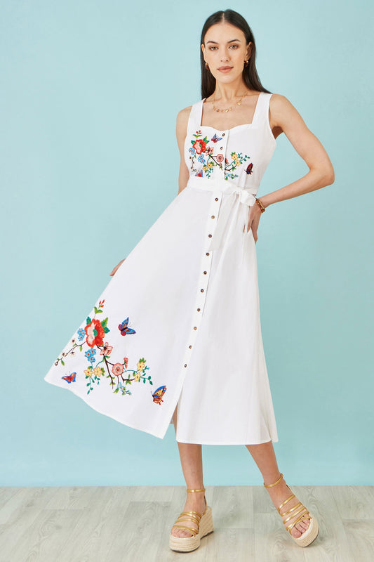 White Cotton Midi Dress With Embroidery - Bascora