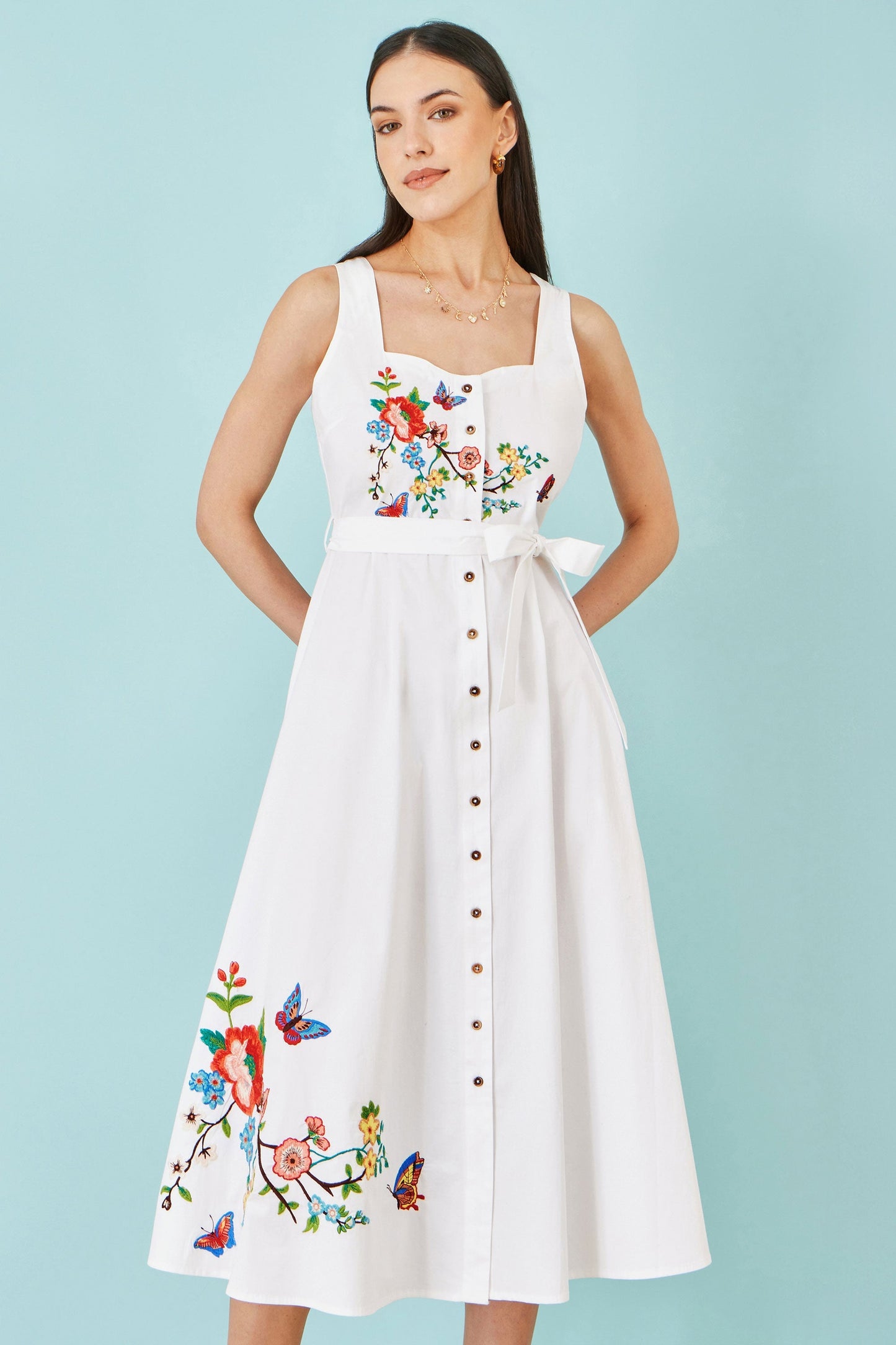 White Cotton Midi Dress With Embroidery - Bascora