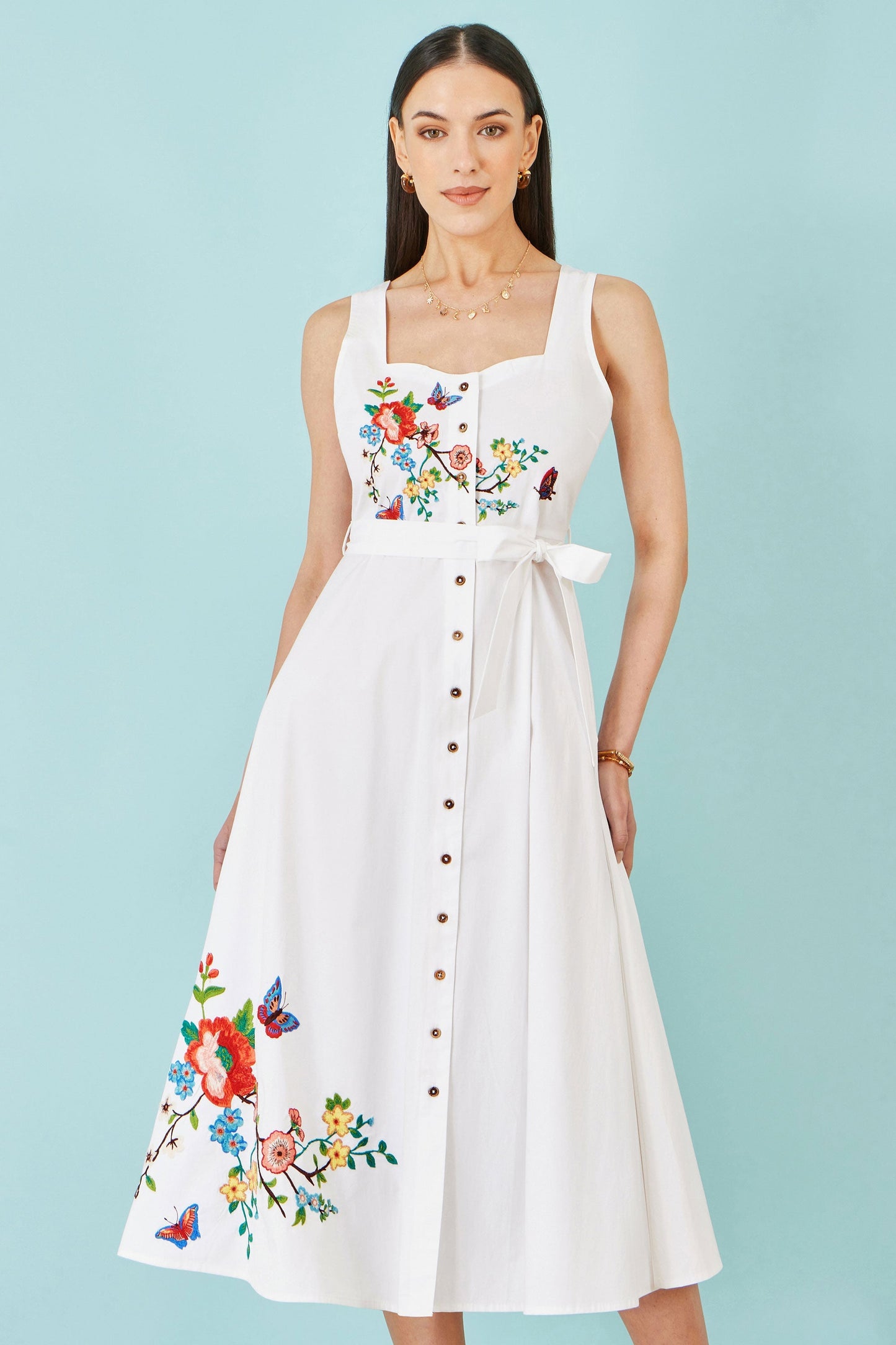 White Cotton Midi Dress With Embroidery - Bascora