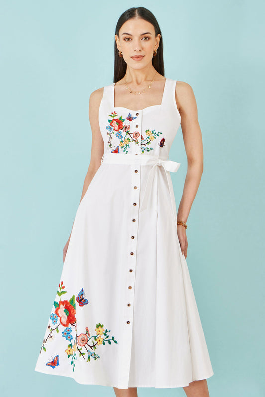 White Cotton Midi Dress With Embroidery - Bascora