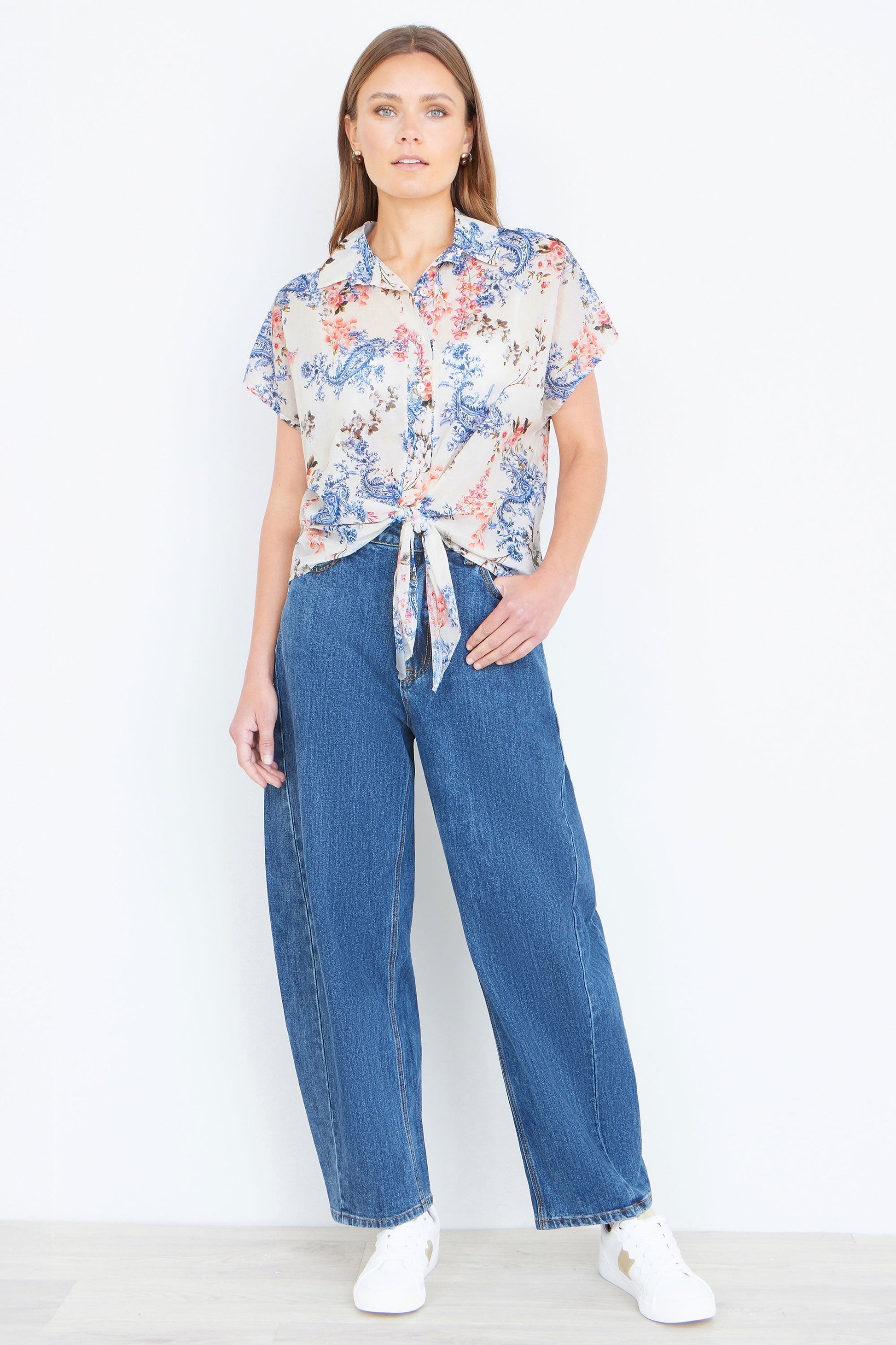 White Cotton Paisley Print Tie Knot Shirt - Bascora