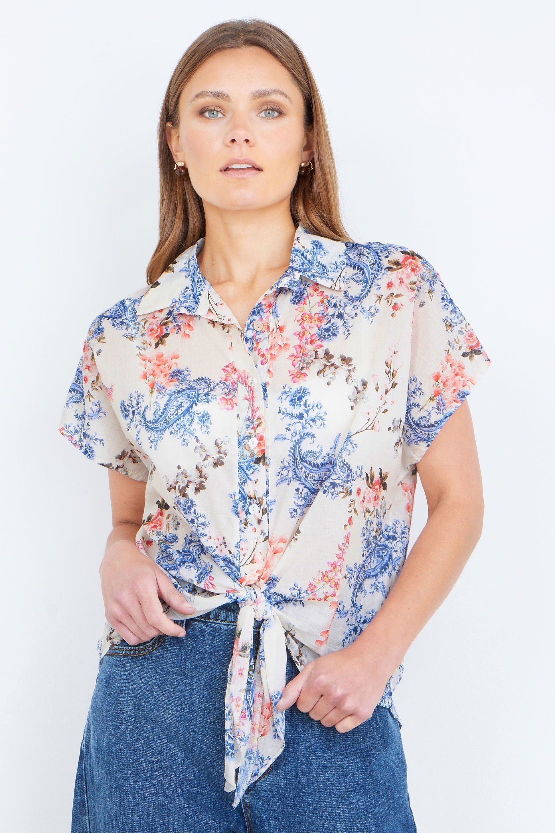 White Cotton Paisley Print Tie Knot Shirt - Bascora