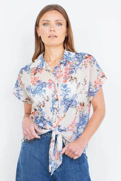 White Cotton Paisley Print Tie Knot Shirt - Bascora