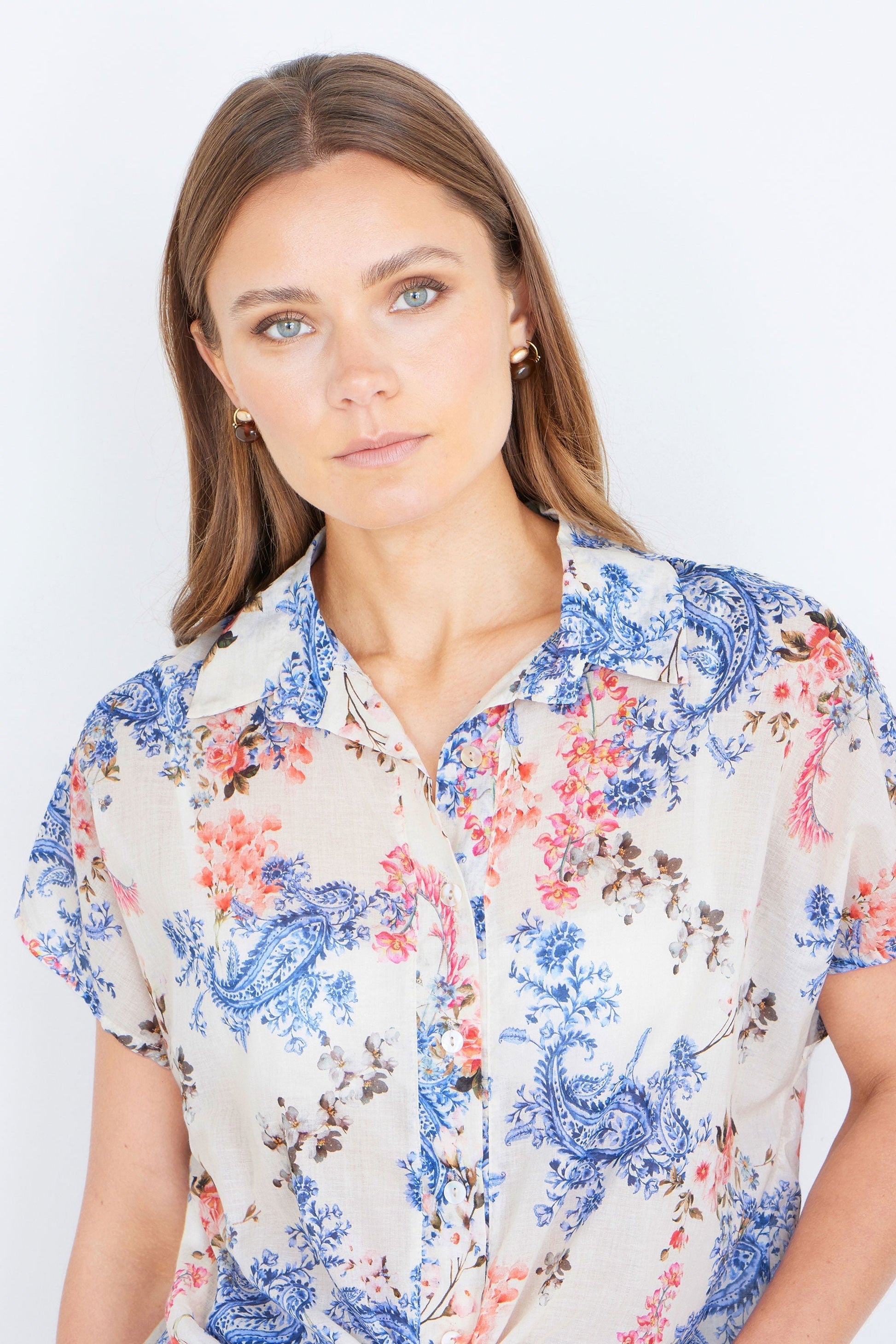 White Cotton Paisley Print Tie Knot Shirt - Bascora