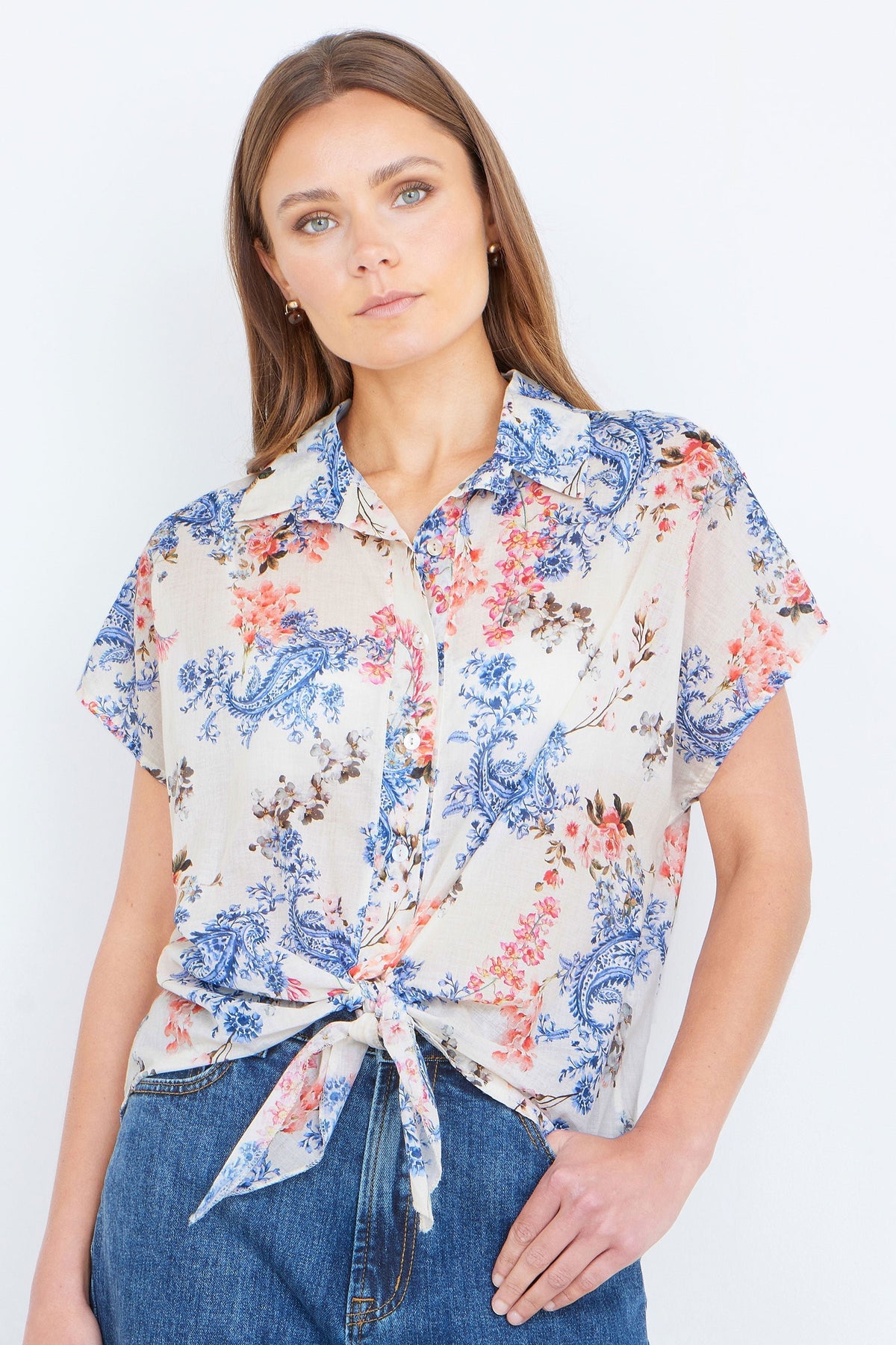 White Cotton Paisley Print Tie Knot Shirt - Bascora