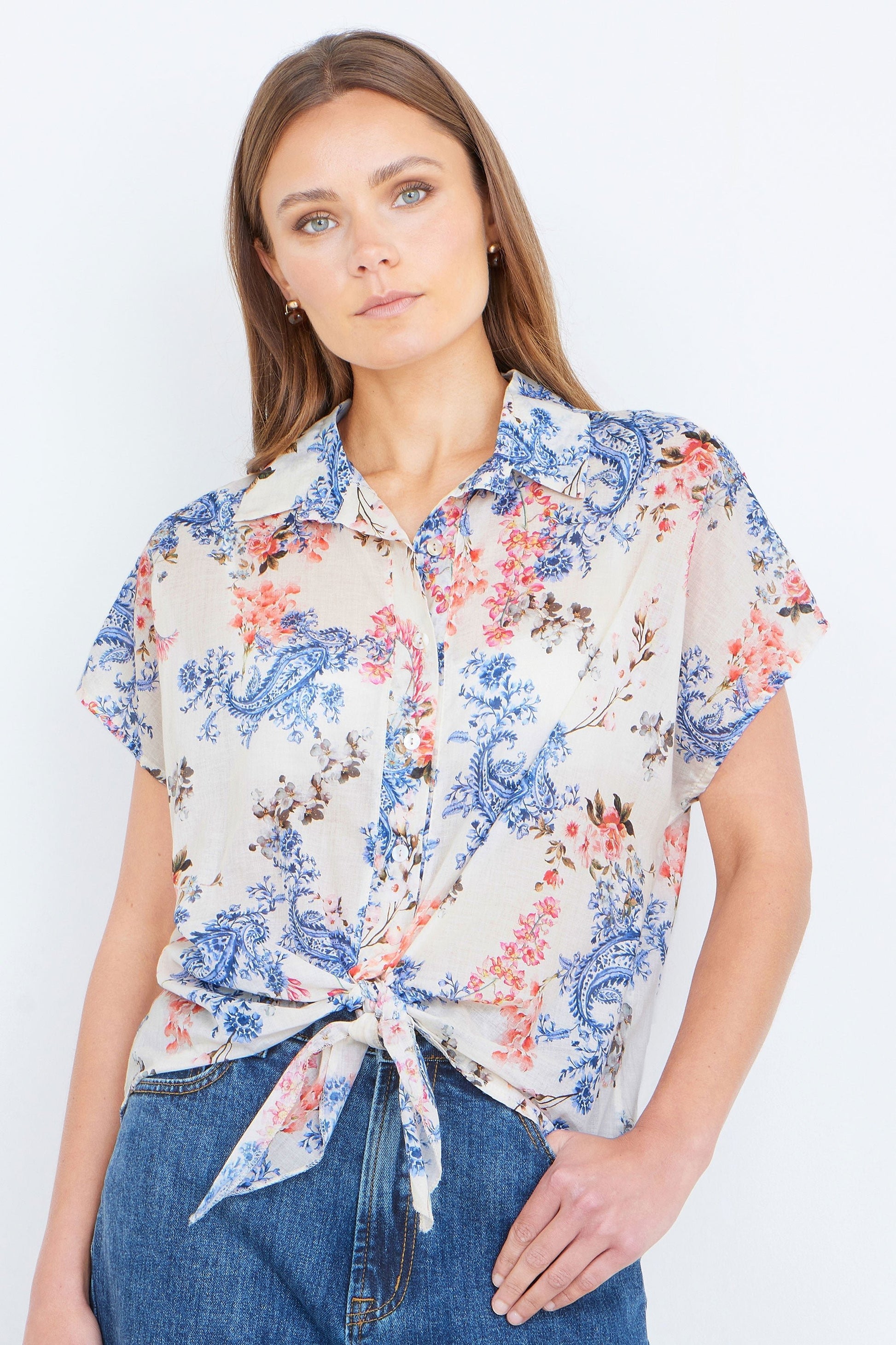 White Cotton Paisley Print Tie Knot Shirt - Bascora