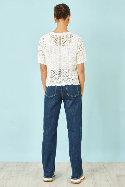 White Crochet Short Sleeve Cardigan - Bascora